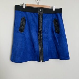 ECI New York Blue Faux Suede Zip Front A-Line Skirt XL Faux Leather Trim